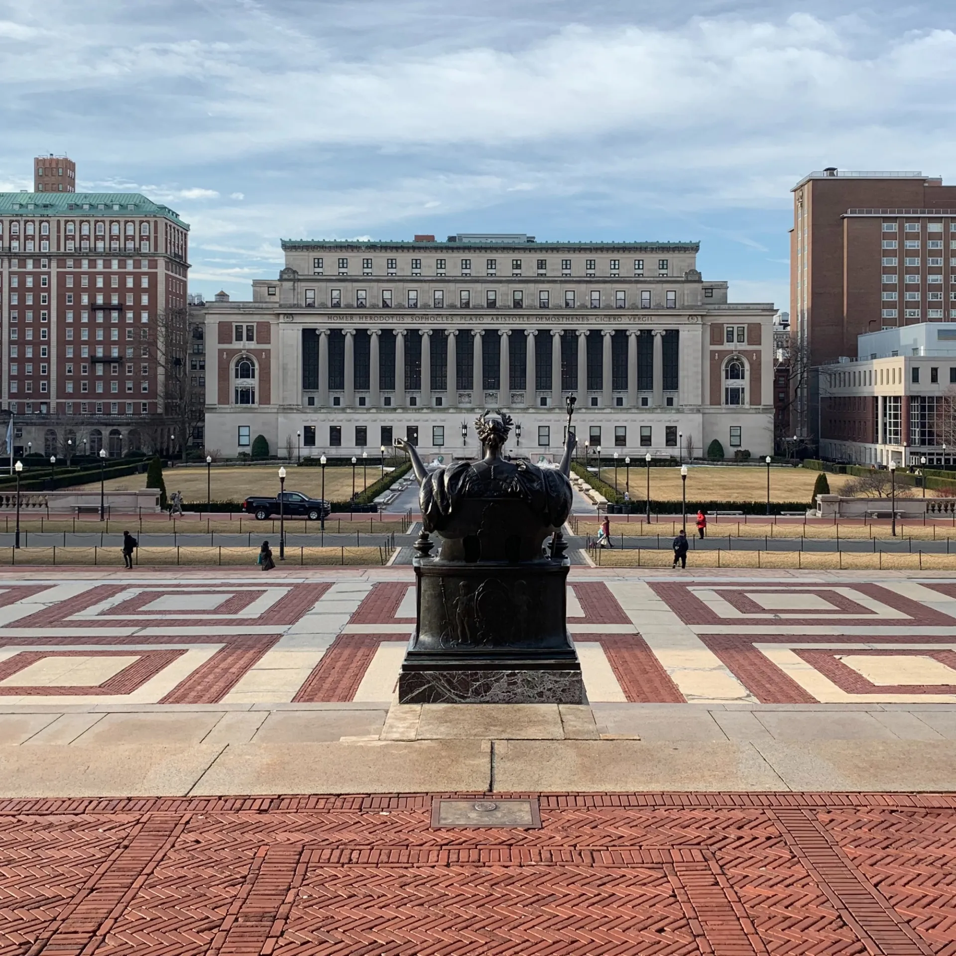 Columbia University Alma Mater statue facing Butler Library