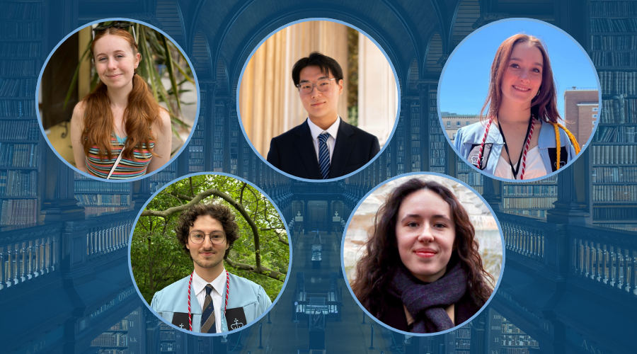 5 headshots of TCD fellowship recipients; clockwise from top left Lucy Walaszek, Lochlan Zhang, Macy Hanzlik-Barend, Sarah Browne, Peter Gorman